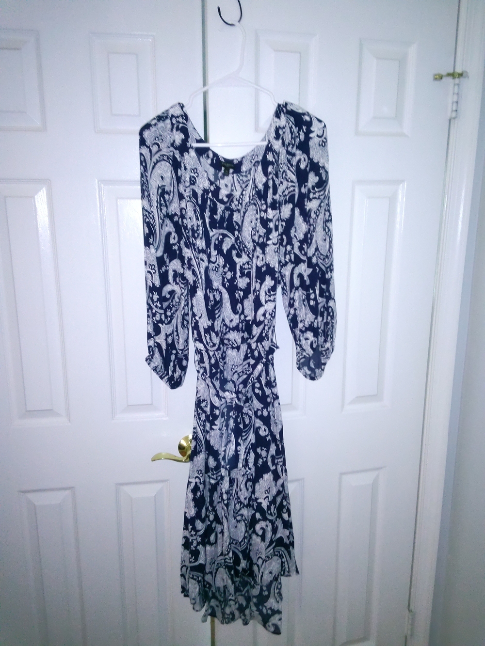 Talbots Navy and White Paisley Long-Sleeve Midi Dress
